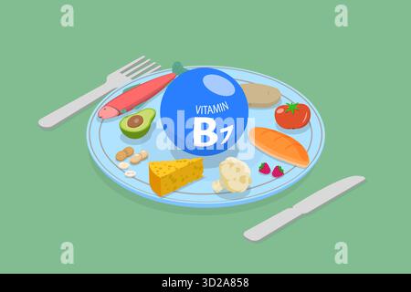 Illustrazione concettuale isometrica piatta 3D della vitamina B7, alimenti ricchi di biotina illustrazione concettuale isometrica piatta 3D della vitamina B7, alimenti ricchi di biotina Foto Stock