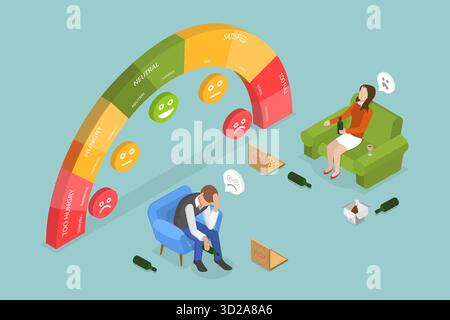 Illustrazione concettuale piatta isometrica 3D di scala della fame, disagio addominale, eccesso di cibo illustrazione concettuale piatta isometrica 3D di scala della fame, disagio addominale, eccesso di cibo Foto Stock