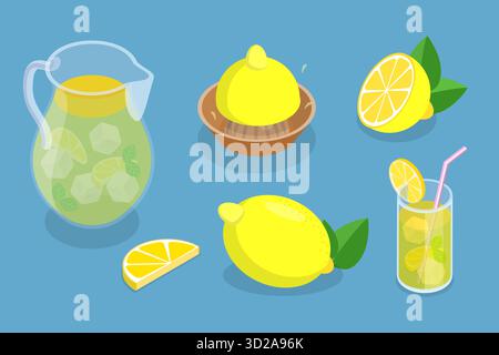 Set piatto isometrico 3D di elementi limonati, limone, ghiaccio e caraffa Set piatto isometrico 3D di elementi limonati, limone, ghiaccio e caraffa Foto Stock