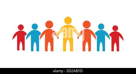 Persone colorate in stile catena di carta che si tengono per mano, simboleggiano l'unità, la diversità, il lavoro di squadra e la comunità su uno sfondo bianco. Illustrazione Vettoriale