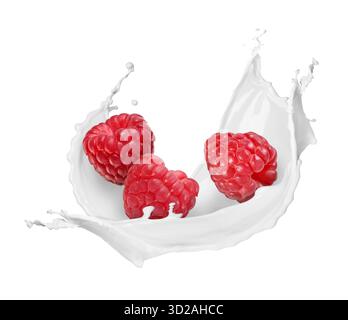 Spruzzi di frullato e lamponi in aria su sfondo bianco Foto Stock