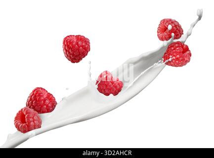 Spruzzi di frullato e lamponi in aria su sfondo bianco Foto Stock