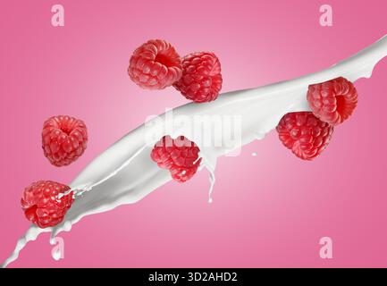 Spruzzo di frullato e lamponi in aria su sfondo rosa Foto Stock