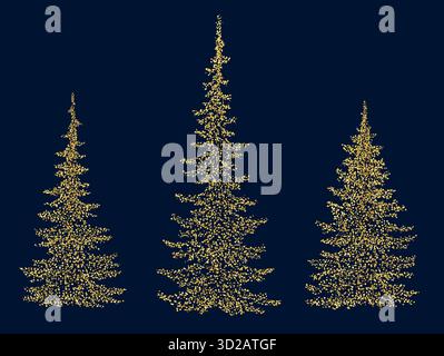 Abeti di Natale fatti di punti d'oro. L'oro luccica sotto forma di abete rosso. Arredi per le vacanze invernali Illustrazione Vettoriale