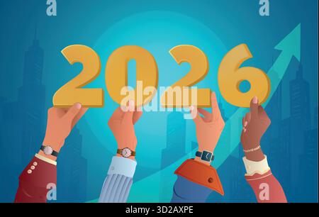 Team aziendale con 2026 numeri che simboleggiano la crescita l'innovazione e il successo per il nuovo anno Illustrazione Vettoriale