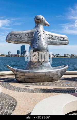 Una scultura di 5 metri chiamata First Contact di Laurel Nannup ad Elizabeth Quay nella città di Perth, Australia Occidentale, WA, Australia Foto Stock