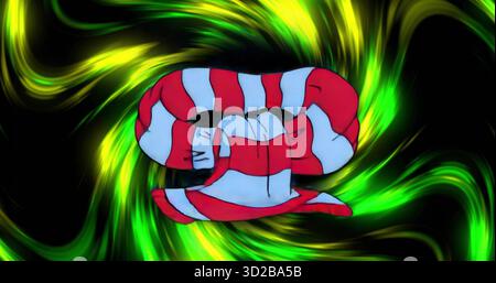 Forma a strisce rosse e bianche simile a un serpente che galleggia in vortice astratto, con giallo verde neon vorticoso Foto Stock