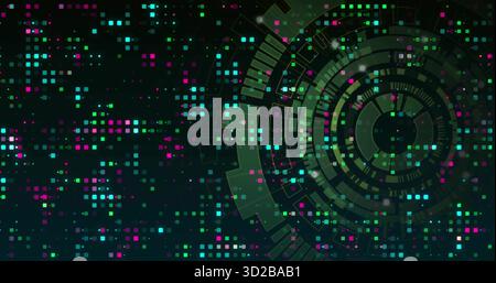 Visualizzazione dell'interfaccia circolare che mostra anelli, blocchi e quadrati di pixel nel cyberspazio, spazio di copia Foto Stock