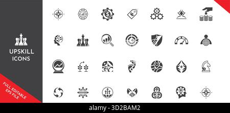 Raccolta icone di upskill. Sviluppo professionale e simboli di crescita dell'apprendimento. Strategia, successo e concetti di avanzamento personale. Illustrazione Vettoriale
