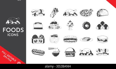 Collezione di varie icone del cibo delizioso. Elementi di design della silhouette in bianco e nero per ristoranti, menu, blog di cucina e progetti culinari. Illustrazione Vettoriale