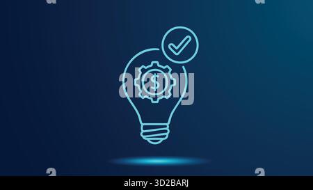 Lampadina con ingranaggio e simbolo del dollaro all'interno, segno di spunta per un'idea di business di successo icona dell'innovazione finanziaria. Sfondo blu digitale. Soluzione aziendale Illustrazione Vettoriale