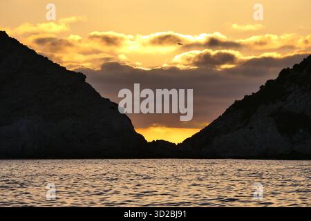 Cielo al tramonto dorato con un uccello che vola sopra rocce sagomate presso l'iconica spiaggia di Petani, Cefalonia, Grecia Foto Stock