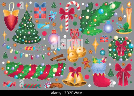 collezione di icone e ornamenti natalizi, adesivi colorati con alberi, campane e nastri Illustrazione Vettoriale