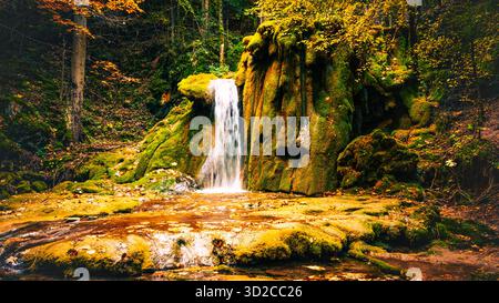 Piccola cascata che scorre su rocce verdi mossy nella foresta autunnale circondata da foglie colorate e luce soffusa Foto Stock