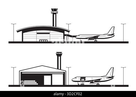 Aerei passeggeri e cargo presso il terminal aeroportuale - illustrazione vettoriale Illustrazione Vettoriale