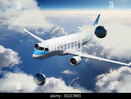 Illustrazione di fenomeni aerei non identificati (UAP) che volano vicino a un aereo. Foto Stock