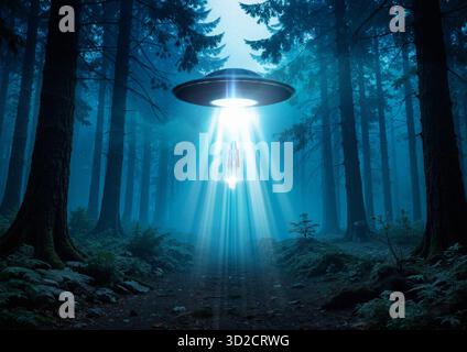 Illustrazione di un fenomeno aereo non identificato (UAP) che rapisce qualcuno in una foresta. Foto Stock