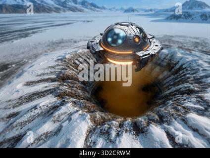 Illustrazione di un fenomeno aereo non identificato (UAP) che emerge dal sottosuolo in Antartide. Foto Stock