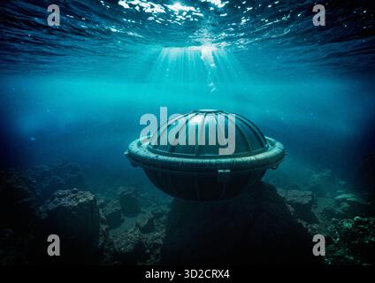 Illustrazione di un fenomeno aereo non identificato (UAP) sul fondo dell'oceano. Foto Stock