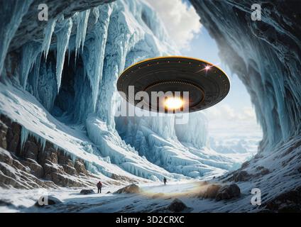 Illustrazione di un fenomeno aereo non identificato (UAP) che vola in Antartide. Foto Stock