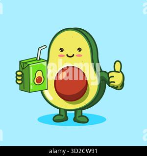 Simpatico personaggio di Avocado che tiene in mano Juice Box e dà Thumbs Up Kawaii Vector Illustration Cartoon Illustrazione Vettoriale