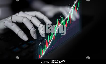 Una mano robotica interagisce con un grafico digitale del mercato azionario, evidenziando l'intersezione tra tecnologia e finanza attraverso un'innovativa analisi dei dati A. Foto Stock