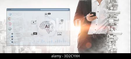 Un dashboard di intelligenza artificiale generativa per la creazione di contenuti multimediali diversificati. Il cervello digitale della piattaforma può generare anche immagini, video, voce e testo Foto Stock