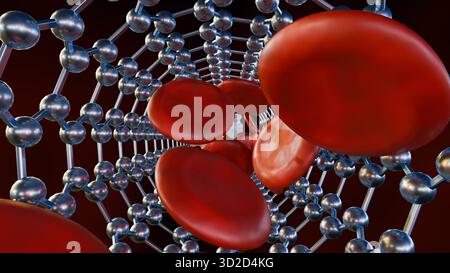 illustrazione 3d della nanoprovetta di carbonio riempita con globuli rossi e globuli bianchi e trasportata Foto Stock