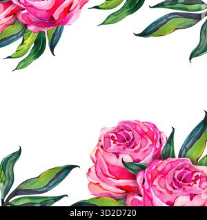 Illustrazione floreale ad acquerello. Montatura con rose vintage. Fiori rosa e bouquet verde. Rose polverose, brillante peonia al neon. Illustrazione floreale ad acquerello Foto Stock