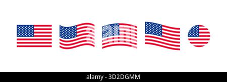 Il vettore di bandiera degli Stati Uniti ha impostato la bandiera degli Stati Uniti in vari stili, tra cui disegni circolari quadrati e ondulati che rappresentano il patriottismo l'orgoglio nazionale Illustrazione Vettoriale