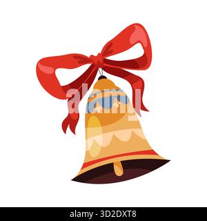 Campanella di Natale isolata. Icona vettoriale dell'elemento delle vacanze invernali o del simbolo delle festività natalizie. Campana con fiocco o nastro. Insegna natalizia vintage o retrò. Avvento e ornamento di Babbo Natale. Biglietto d'auguri. Illustrazione Vettoriale