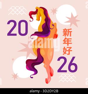 Striscione cinese per il capodanno con cavallo. Manifesto zodiaco vettoriale lunare o biglietto festivo, elemento di saluto tradizionale. Simbolo delle festività asiatiche e cinesi con geroglifici e mare. 2026 cartello Happy CNY. Illustrazione Vettoriale