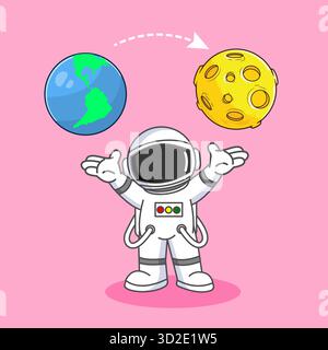Un simpatico astronauta che solleva entrambe le mani, mostrando la Terra e la Luna nello spazio Vector Illustration Cartoon Design Illustrazione Vettoriale