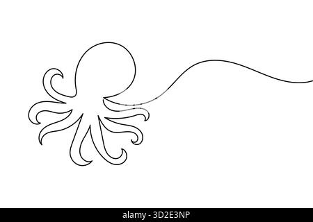 Polpo continuo su una linea che disegna un disegno minimale di un animale marino Illustrazione Vettoriale