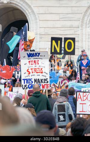 Decine di migliaia di persone protestano al Campidoglio dello stato del Minnesota con lo striscione "NO KINGS", segnali politici e bandiere nella manifestazione anti-Trump, 14 giugno 2025, Stati Uniti Foto Stock