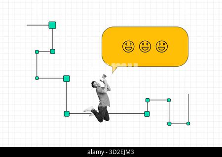Immagine di design pop collage fotografico contemporaneo di Happy Guy urla megafono bolla notifica vocale icona di conversazione emoji Foto Stock