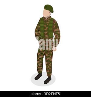 Set piatto isometrico 3D di militari, personaggi in uniforme. Punto 5 Foto Stock