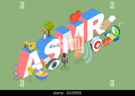 Illustrazione piatta isometrica 3D dell'ASMR, risposta Meridian sensoriale autonoma Foto Stock