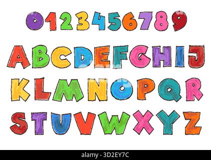Font per bambini divertenti. Alfabeto dei colori per bambini, lettere e numeri, design divertente e luminoso, texture ruvide, pastelli, elementi isolati disegnati a mano, matite Illustrazione Vettoriale