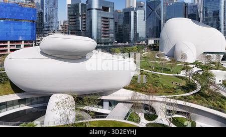 Shenzhen. 1 novembre 2025. Una foto scattata il 1° novembre 2025 mostra una vista di Shenzhen Bay Culture Square a Shenzhen, nella provincia del Guangdong della Cina meridionale. La Shenzhen Bay Culture Square ha iniziato l'operazione di prova sabato. La piazza principale, con un'area di costruzione di 188.000 metri quadrati, dispone di nove sale espositive. Crediti: Liang Xu/Xinhua/Alamy Live News Foto Stock