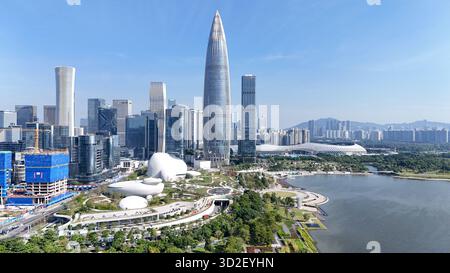 Shenzhen. 1 novembre 2025. Una foto scattata il 1° novembre 2025 mostra una vista di Shenzhen Bay Culture Square a Shenzhen, nella provincia del Guangdong della Cina meridionale. La Shenzhen Bay Culture Square ha iniziato l'operazione di prova sabato. La piazza principale, con un'area di costruzione di 188.000 metri quadrati, dispone di nove sale espositive. Crediti: Liang Xu/Xinhua/Alamy Live News Foto Stock