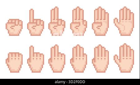 Pixel art contando le dita. Palmo umano su entrambi i lati, conta da zero a dieci, icone mani a 8 bit, risorse di giochi rétro, segnali di comunicazione, numeri Illustrazione Vettoriale