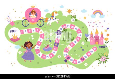 Gioco da tavolo passo dopo passo. Magico regno delle fiabe, avventure per bambini, simpatiche principesse e unicorno, modello labirinto femminile per bambini, piatto dei cartoni animati Illustrazione Vettoriale
