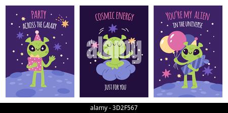 Carini carte aliene. Iscrizioni divertenti, umanoidi ufo, piccoli uomini verdi, personaggi dello spazio felice, festa di compleanno cosmo, poster e stampa cartoni animati in piano Illustrazione Vettoriale