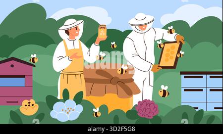 Gli apicoltori lavorano. Persone in uniforme presso l'apiario, che raccolgono miele, si prendono cura di api e alveari, aziende agricole a conduzione familiare, cibo dolce biologico, cartoni animati Illustrazione Vettoriale