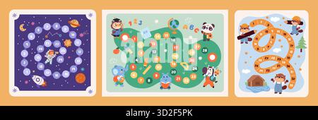 Giochi passo dopo passo per bambini. Divertenti giochi da tavolo per bambini, mappe con spazio e animali, passaggio graduale con patatine, educazione infantile Illustrazione Vettoriale