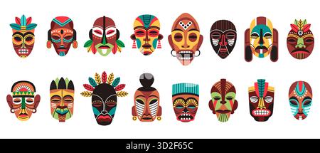 Maschere africane cartoni animati. Elementi tribali tradizionali, ornamenti decorativi aborigeni, volti rituali etnici, oggetti cerimoniali in legno, antichi tropicali Illustrazione Vettoriale