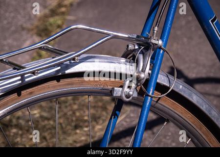 Dettaglio ravvicinato della ruota posteriore, della cremagliera e del meccanismo del freno di una bicicletta blu d'epoca parcheggiata all'aperto. Foto Stock