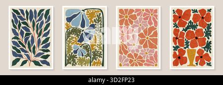 Set di stampe vintage alla moda con fiori, foglie e forme. Illustrazioni estetiche moderne. Collezione di arte contemporanea in stile boemo Illustrazione Vettoriale