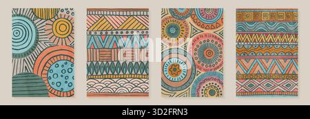 Decorazioni tribali africane poster. Modelli di disegno di sfondo astratti con elementi geometrici, pattern e forme di antiche tribù Illustrazione Vettoriale